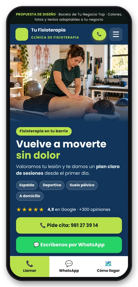 Web para fisioterapeutas vista en el móvil