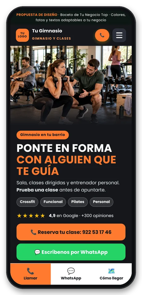 Web para gimnasios vista en el móvil