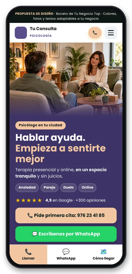Web para psicólogos vista en el móvil