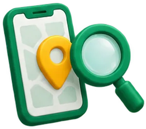 Icono de auditoría de ficha de Google y web: móvil con mapa y lupa