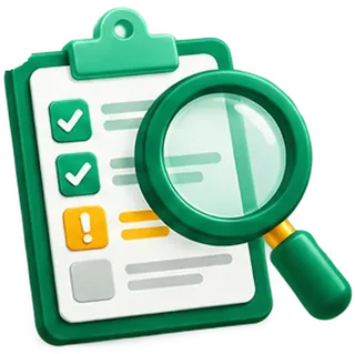 Ilustración de auditoría SEO: lista de comprobación con alerta y lupa