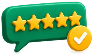 Icono de reseñas: bocadillo con cinco estrellas