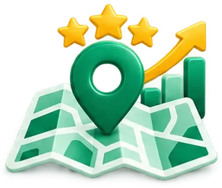 Ilustración de SEO local: mapa con chincheta, estrellas y flecha que sube