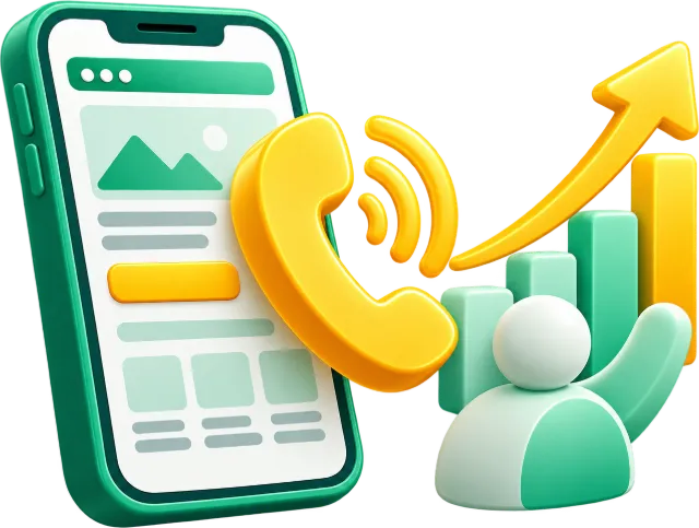 Ilustración de una web que trae clientes: móvil con llamada entrante, cliente y gráfico que sube